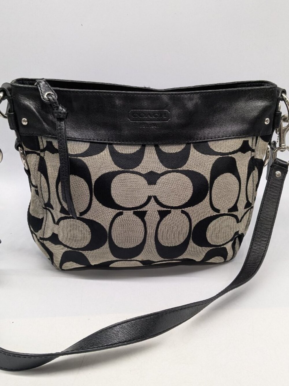 Authentic Coach Monogram Canvas Black Leather Zoe Hobo Shoulder Bag